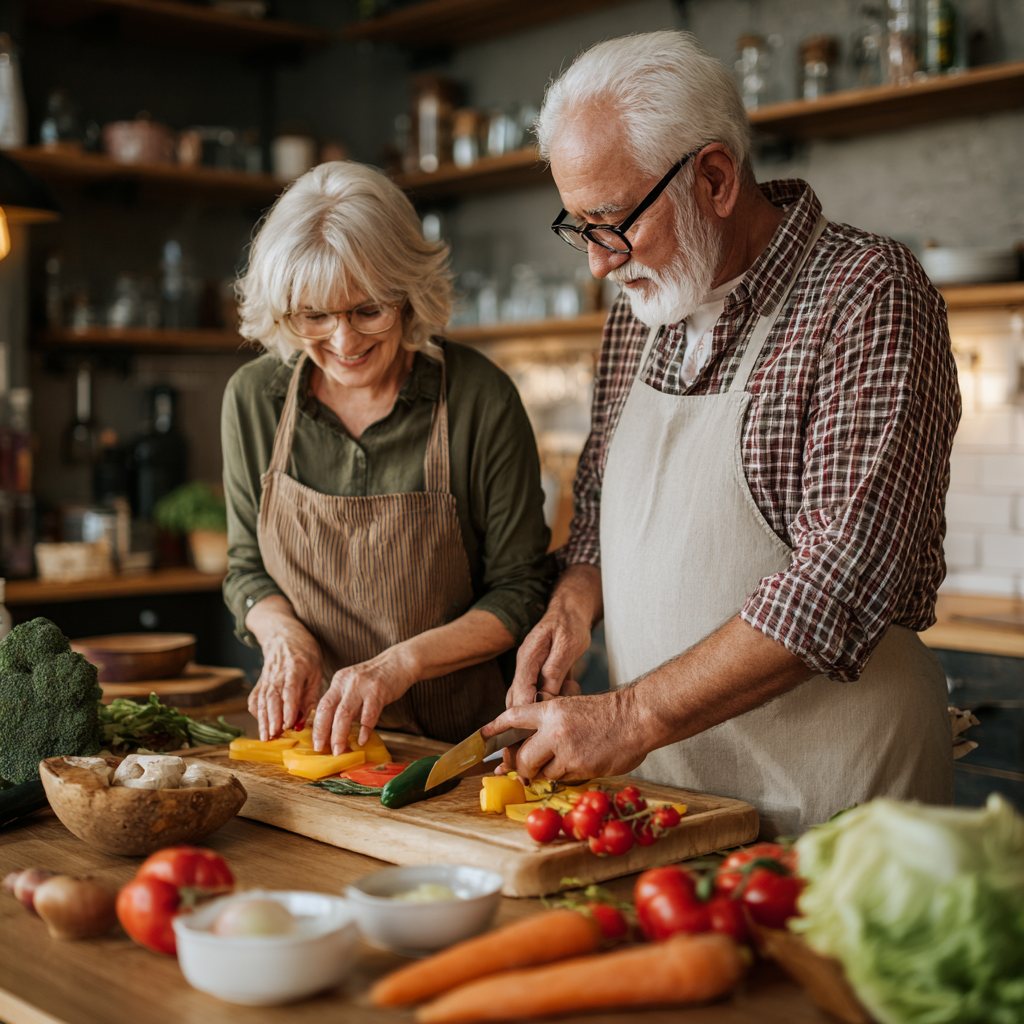 Older adults preparing healthy meal together following vornidal nutrition plan